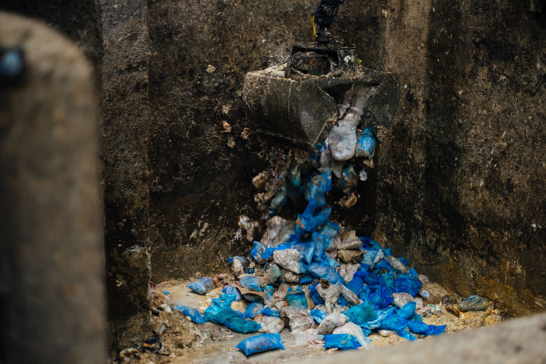 Food waste inside tipping bunker of an anaerobic digestion facility 